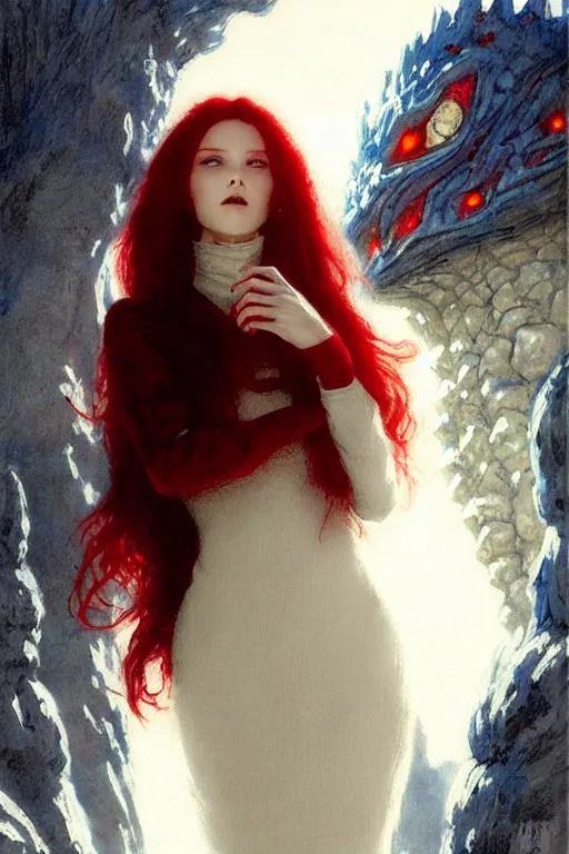 Prompt: beautiful vampire with red eyes and long red hair in a white woolen turtleneck dress, pointing at a small blue godzilla portrait dnd, painting by gaston bussiere, craig mullins, greg rutkowski, yoji shinkawa