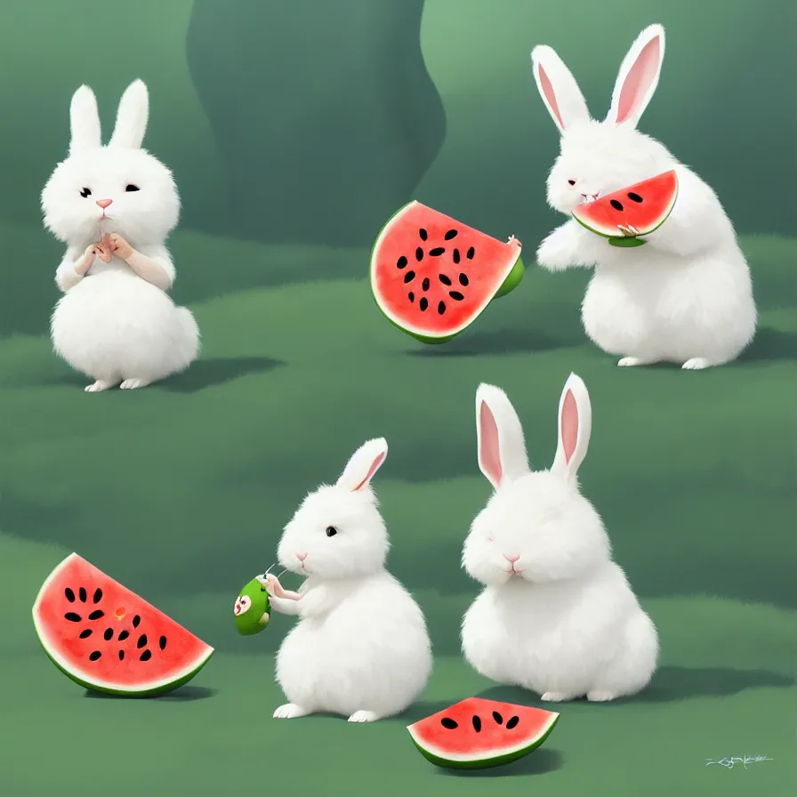 Image similar to Goro Fujita illustrating a cute white fluffy bunny with big ears eating a big watermelon in a forest, art by Goro Fujita, sharp focus, highly detailed, ArtStation
