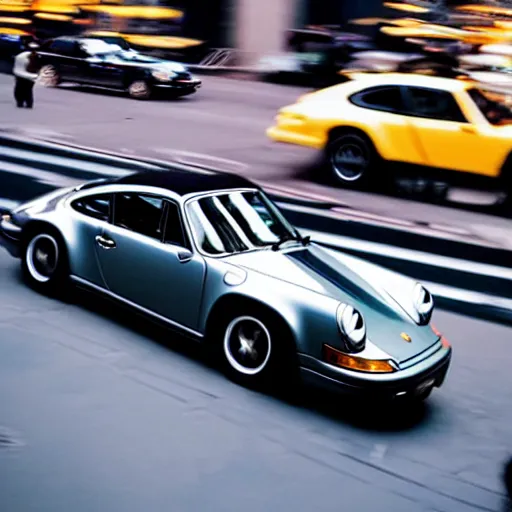 Image similar to photo of a porsche 9 1 1 9 6 4 speeding through nyc, cinematic, motion blur