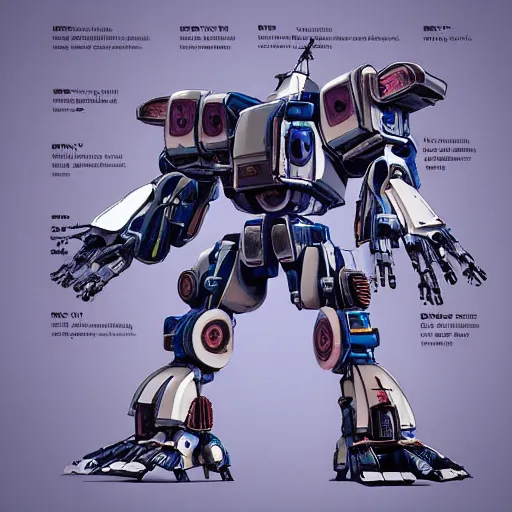 Image similar to Detailed technical drawings of robotic mecha warrior, highly detailed blueprints, 4K resolution, octane render, cyberpunk mecha warrior technical drawings, detailed parts diagram,