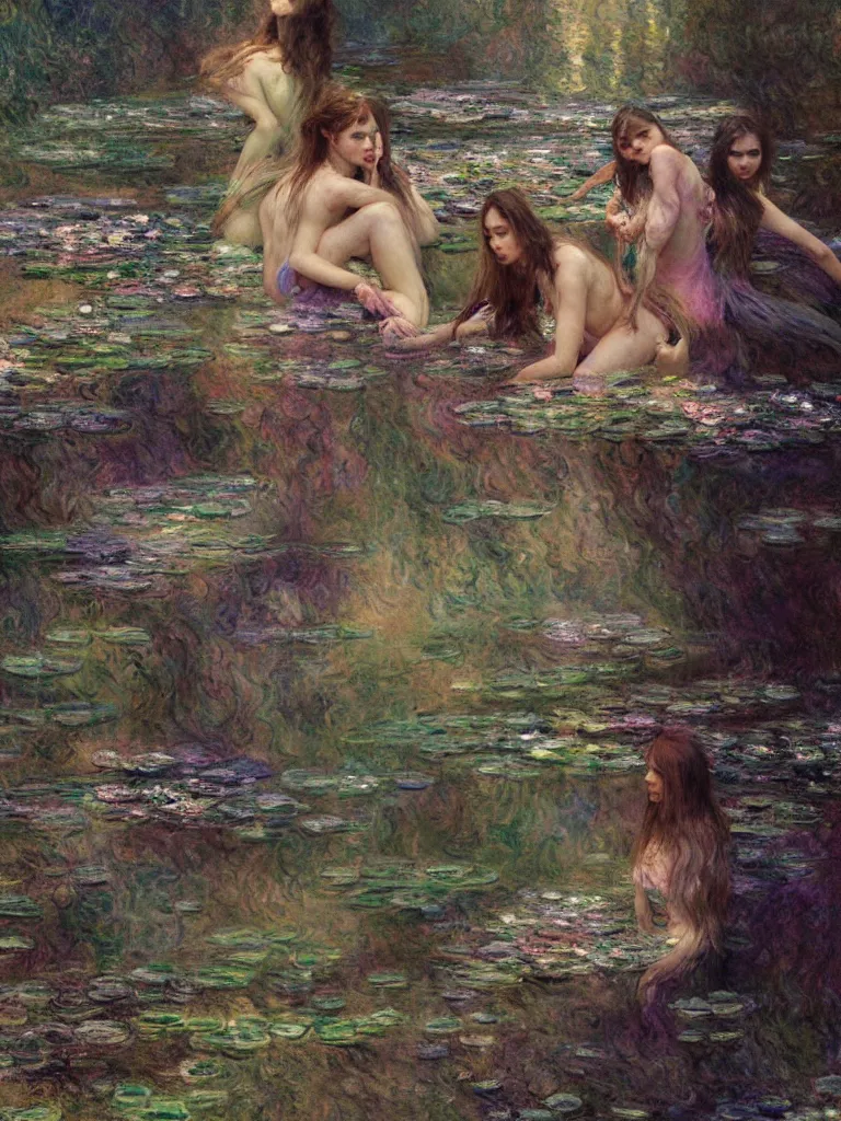 Image similar to illustration studio portrait of three dark beautiful mermaids female energy in artistic poses in the river at the forest, monet painterly motives and textures pattern, hyper detailed, octane render, vivid colors, artstation, by jeremy mann, by alphonse mucha, by monet