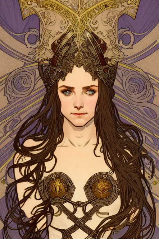 Image similar to head and shoulders portrait of an eldritch knight, elf, beautiful, female, breastplate, magical, high fantasy, d & d, by alphonse mucha, face details, extremely detailed, digital illustration