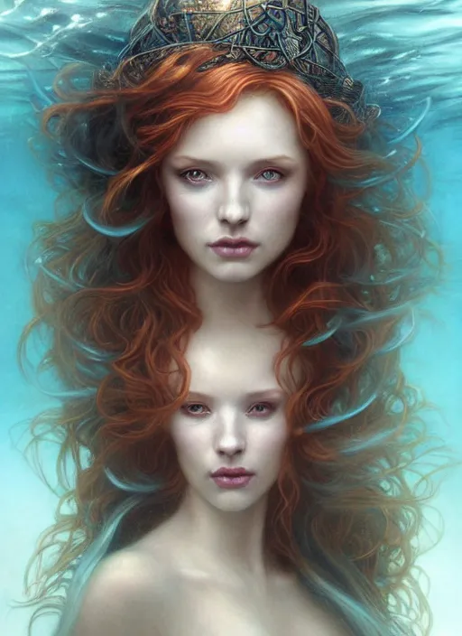 Image similar to goddess of the ocean!! portrait of a seductive redhead queen in underwater murky light, wind blown hair! fantasy esoteric, closeup, d & d, fantasy, intricate, elegant, highly detailed, digital painting, artstation, concept art, matte, sharp focus, illustration, art by artgerm and tom bagshaw and greg rutkowski and alphonse mucha