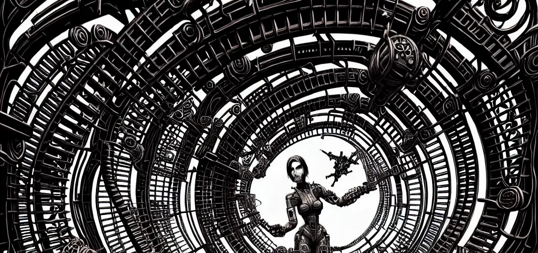 Image similar to a double helix dna cyberpunk steampunk carved archway in space, high details, lineart, by vincent di fate and joe fenton, inking, screen print, masterpiece, trending on artstation, sharp, high contrast, hyper - detailed,, hd, 4 k, 8 k