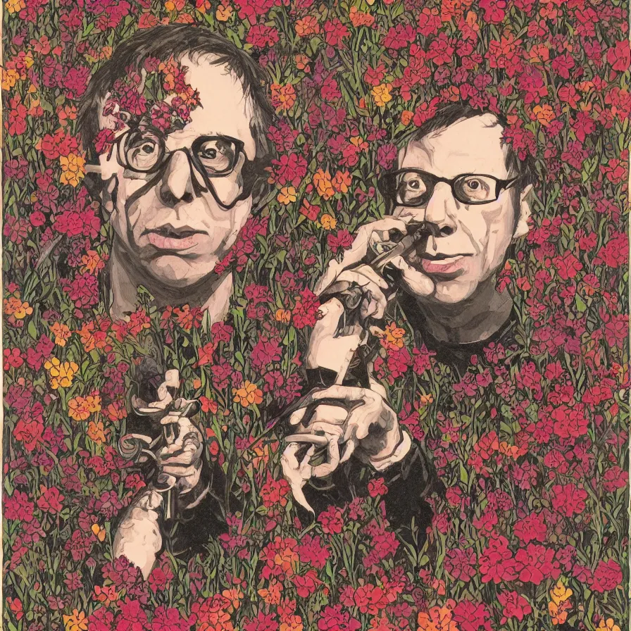 Image similar to todd solondz john zorn male portrait of the john zorn todd solondz of the underworld puking blood surrounded by flowers by karol ba