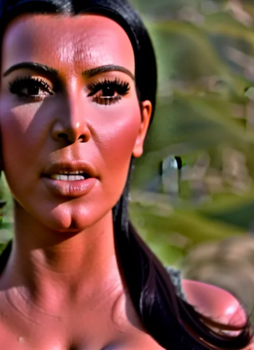 Image similar to film still of kim kardashian as clint eastwood in the movie a fist full of dollars, full-shot, 4k