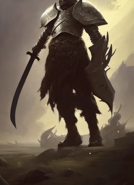 Image similar to epic bearded war commander with gigantic sword and large shield. highly detailed, digital painting, concept art, smooth, sharp focus, illustration, art by greg rutkowski