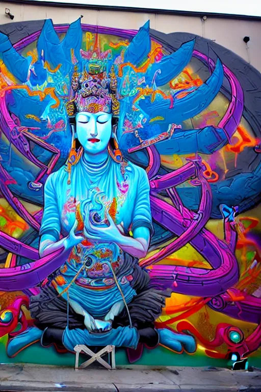 Image similar to epic graffiti mural of a 1000 arm Quan Yin , colorful and dynamic in the style of Hownosm and James Jean, ultimate collab, epic, unreal engine 5, coming to life popping out of the wall 3d,