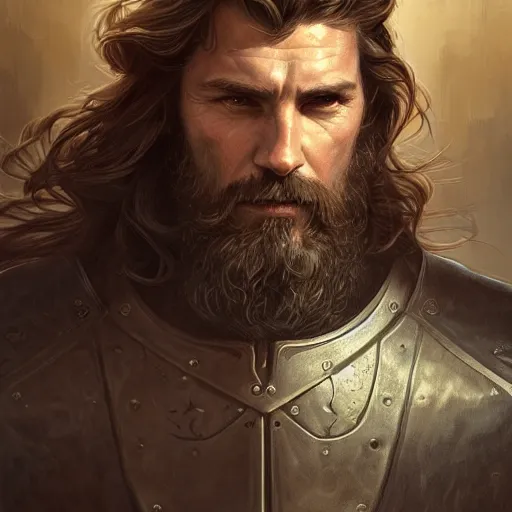 Image similar to portrait of a ruggedly handsome paladin, soft hair, muscular, half body, leather, hairy, d & d, fantasy, intricate, elegant, highly detailed, digital painting, artstation, concept art, smooth, sharp focus, illustration, art by artgerm and greg rutkowski and alphonse mucha