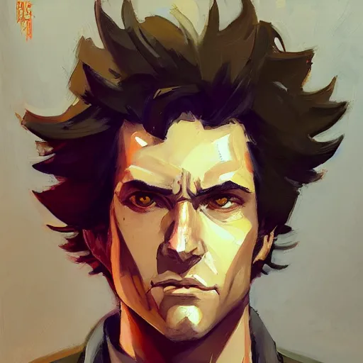 Image similar to greg manchess portrait painting of spike spiegel as overwatch character, totally whack, medium shot, asymmetrical, profile picture, organic painting, sunny day, matte painting, bold shapes, hard edges, street art, trending on artstation, by huang guangjian and gil elvgren and sachin teng