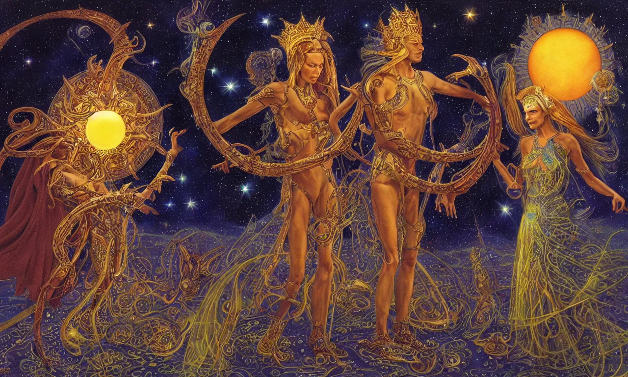 Image similar to sun king and moon queen in the cosmic court of mystical astronomy, art by james c. christensen and ron walotsky