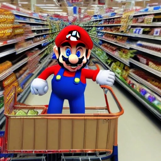 Prompt: Super Mario shopping in Tesco, photograph, photorealistic, picture, supermarket, store