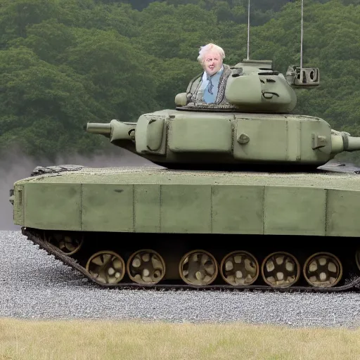 Image similar to A long shot of Boris Johnson in a tank, 4k, ultra HD