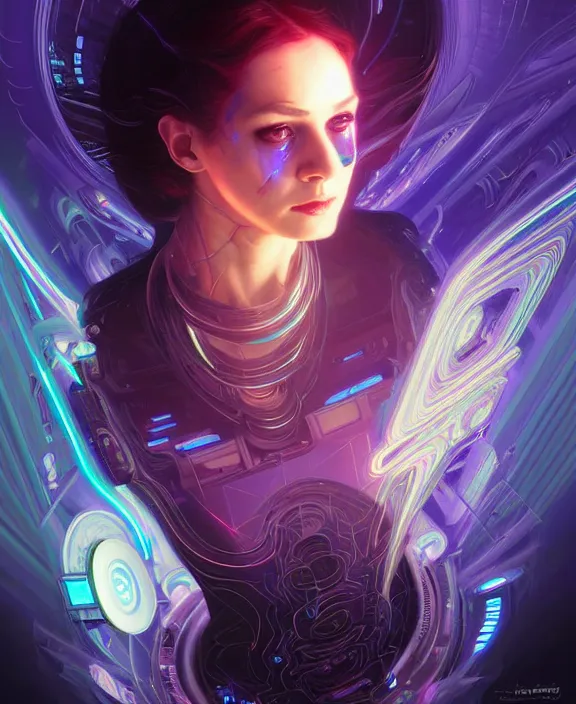 Image similar to a whirlwind of souls rushing inside the metaverse, hologram, half body, neurochip, shaved temple, piercing, jewelry, android, cyborg, cyberpunk face, by loish, d & d, fantasy, intricate, elegant, highly detailed, colorful, digital painting, artstation, concept art, art by artgerm and greg rutkowski and alphonse mucha