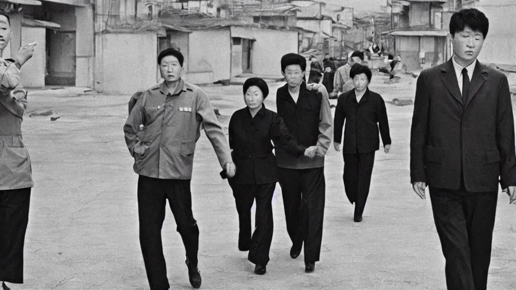 Image similar to shin sang - ok walking in 1 9 6 0 s pyongyang, film noir thriller in the style of orson welles and andrei tarkovski