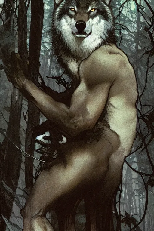 Image similar to full figure beautiful young fit antrophomorphic male wolf, bared teeth and long claws, dark scene, by greg rutkowski and alphonse mucha, d & d character, gradient black to silver, in a forest at night, highly detailed portrait, digital painting, artstation, concept art, smooth, sharp focus illustration, artstation hq