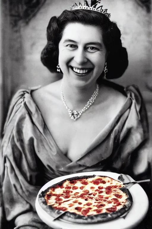 Prompt: historical photo of queen margherita ( savoy ) smiling seductively at her pizza margherita, closeup photo, portrait photo, diffuse light, acclaimed masterpiece