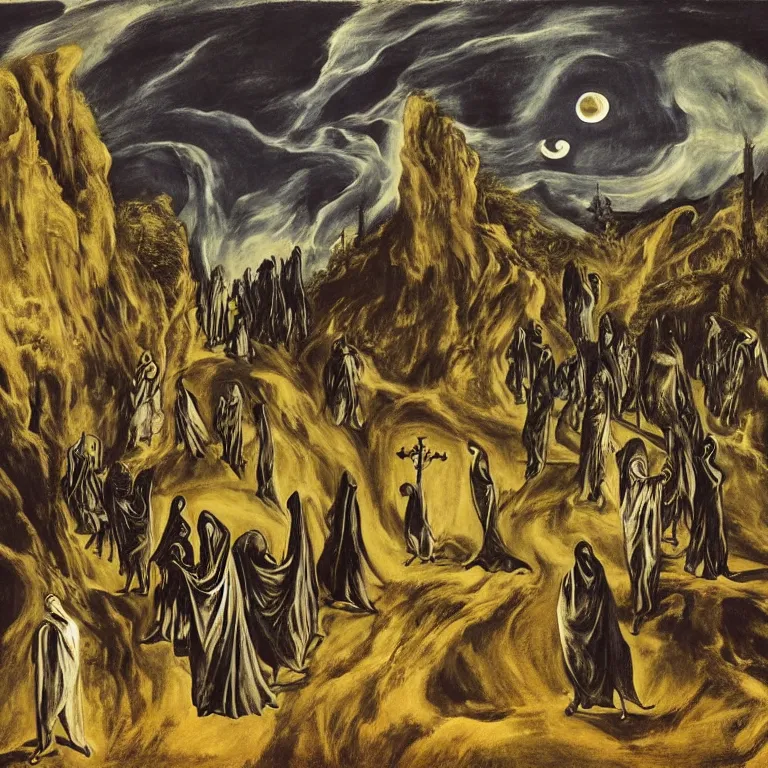Prompt: A Holy Week procession of grim reapers in a lush Spanish landscape at night. A hooded figure at the front holds a cross. El Greco, Remedios Varo, Salvador Dalí, Carl Gustav Carus, Edward Hopper.