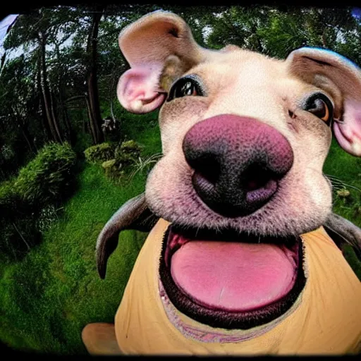 Image similar to fisheye lens photo of the world's ugliest dog