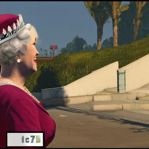 Prompt: Queen Elizabeth II in gta 5, screenshot