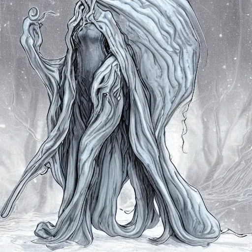 Image similar to concept designs for an ethereal ghostly wraith like figure made from wispy shadows with a squid like parasite latched onto its head and long tentacle arms that flow lazily but gracefully at its sides like a cloak while it floats around a frozen rocky tundra in the snow searching for lost souls and that hides amongst the shadows in the trees, this character has hydrokinesis and electrokinesis for the resident evil village video game franchise with inspiration from the franchise Bloodborne and the mind flayer from stranger things on netflix in the style of a marvel comic