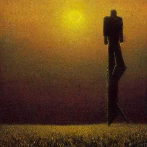 Image similar to a giant robot standing in a field at sunset by Beksinski