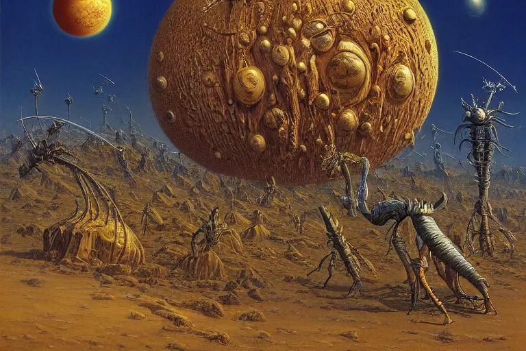 Image similar to oil painting, super - detailed scene of a planet that is also a giant insect, entomology, japanese sci - fi books art, artwork by jean giraud and zdzislaw beksinski and michael whelan and hr giger, hd, 4 k, high quality