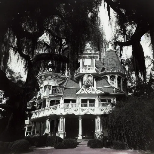 Image similar to diane arbus photo of the haunted mansion at disneyland,