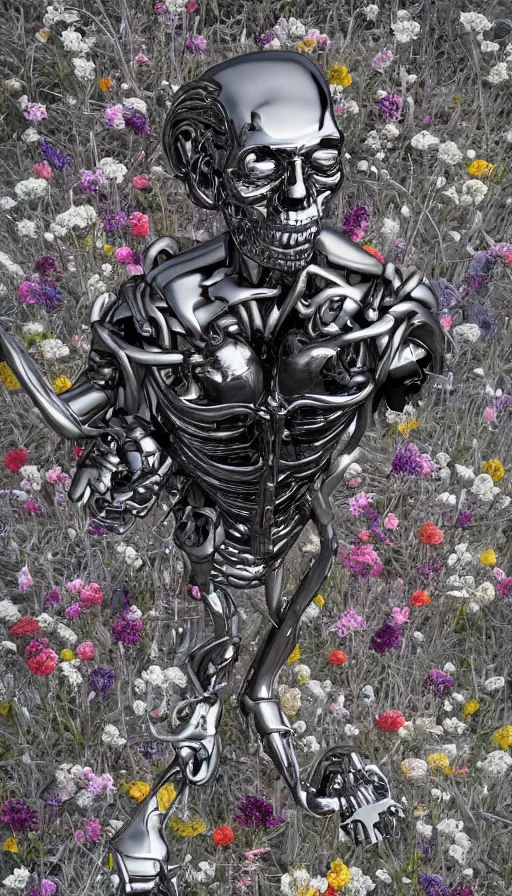 Image similar to destroyed terminator lying in a field of flowers, twisted metal, chrome, reflections, anthropomorphic, photorealism, smoke, metal, 8 k, surreal, wires, smooth, sharp focus, top view, extremely detailed, hyperrealism, elegant, establishing shot, by jeff koons, artgerm and greg rutkowski