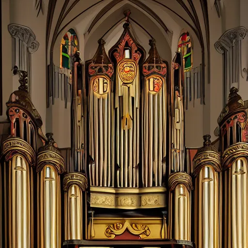 Prompt: a silly picture of a church organ with a smile, digital art, artstation, 4k