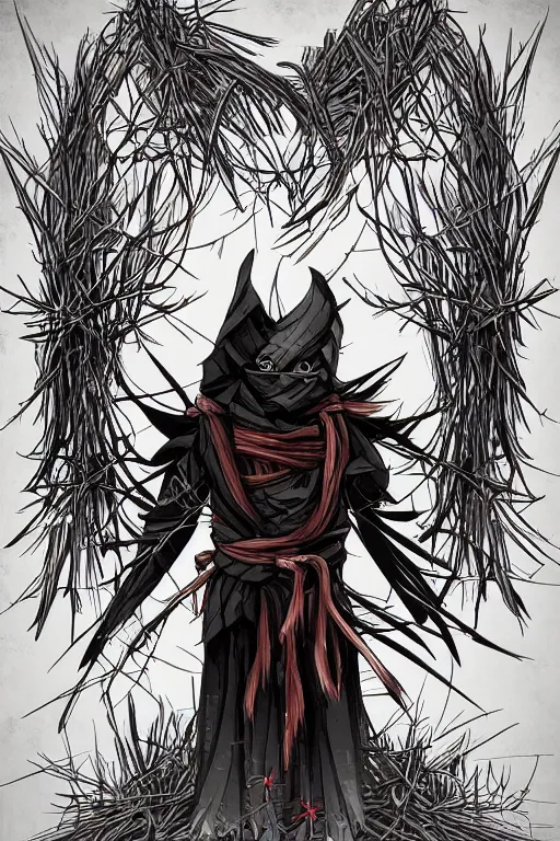 Image similar to ninja scarecrow, symmetrical, highly detailed, digital art, sharp focus, trending on art station, anime art style