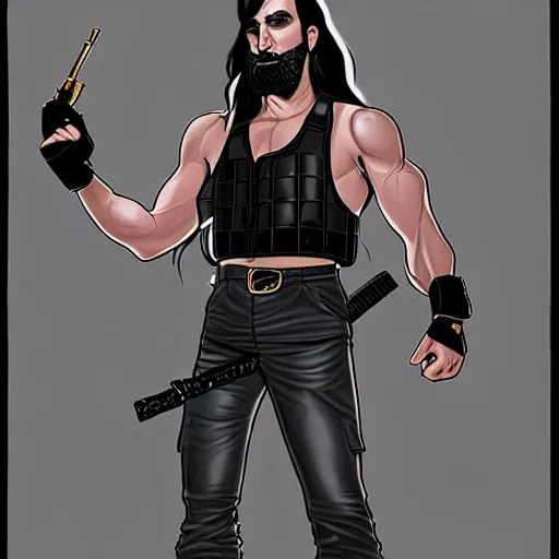 Image similar to a handsome man, in good physical shape, chiseled jaw, 5 o'clock shadow, long black hair in a ponytail, wearing a black leather vest, black leather vest is open, no shirt under the vest, wearing an ammo belt, wearing cargo pants, wearing a gold chain, holding a blaster, grim expression, full body shot, comic book art, realistic looking comic book sketch
