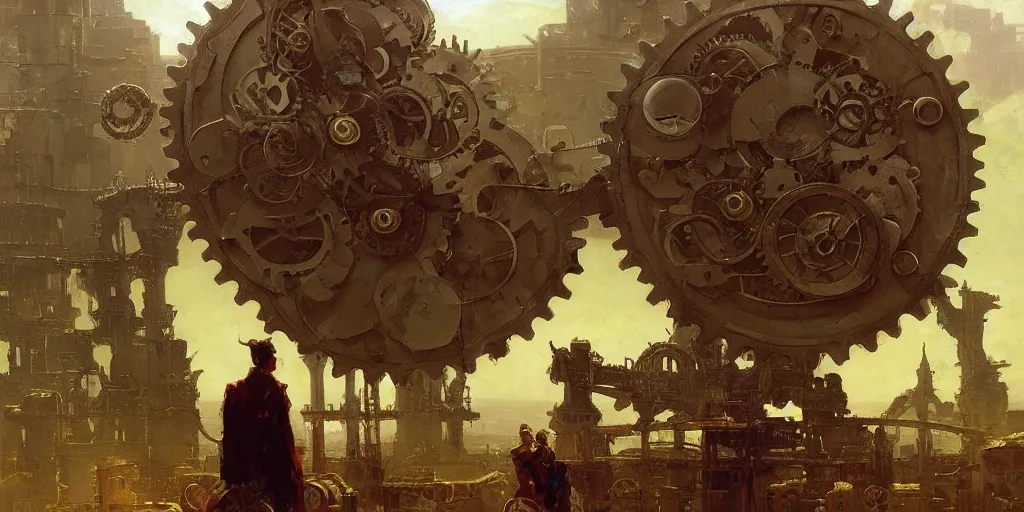 Prompt: giant gears floating in the sky, clockwork, giant mechanisms, industry, villages castles, buildings vista artstation illustration sharp focus sunlit vista painted by ruan jia raymond swanland lawrence alma tadema zdzislaw beksinski norman rockwell tom lovell alex malveda greg staples