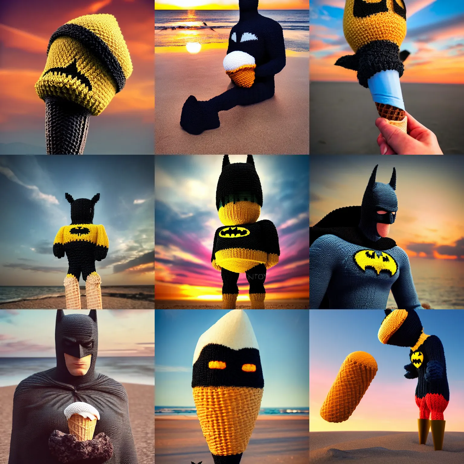 Prompt: a large knitted batman consuming a delicious ice cream cone during sunset at the beach Trending on artstation, featured on Behance, well-rendered, Unreal Engine, 4K HD