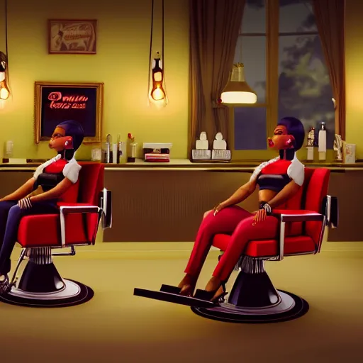 Image similar to illustration of nicki minaj sitting next to barack obama in a 6 0's vintage barbershop, symmetrical, cinematic scene, brownish colors, hyper realistic, highly detailed, octane render, trending on artstation