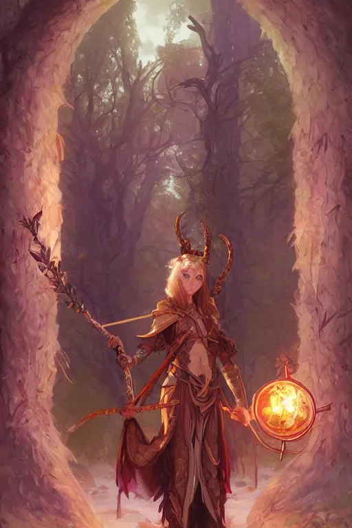 Image similar to cute Tiefling Druid with long horns, colorful leaves on light leather armor, holding tree staff, ,demon tail light-brown skin, highly detailed, digital painting, artstation, concept art, sharp focus, illustration, art by artgerm and greg rutkowski and alphonse mucha