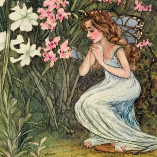 Prompt: a fairy posing with oleander illustration by Cicely Mary Barker