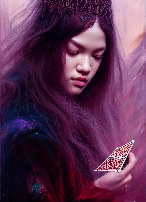 Prompt: jossi of blackpink, king, tarot card, highly detailed, digital painting, smooth, sharp focus, illustration, ultra realistic, unreal engine 8 k, art by karol bak and agnes cecile