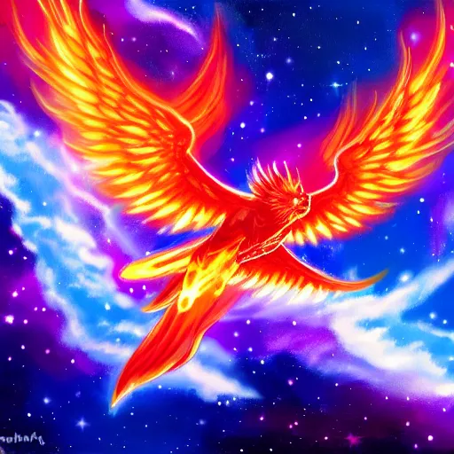 Prompt: Stargliding Flaming Phoenix Flying through Outer Space, Nebula Background, Stars, Artstation Painting