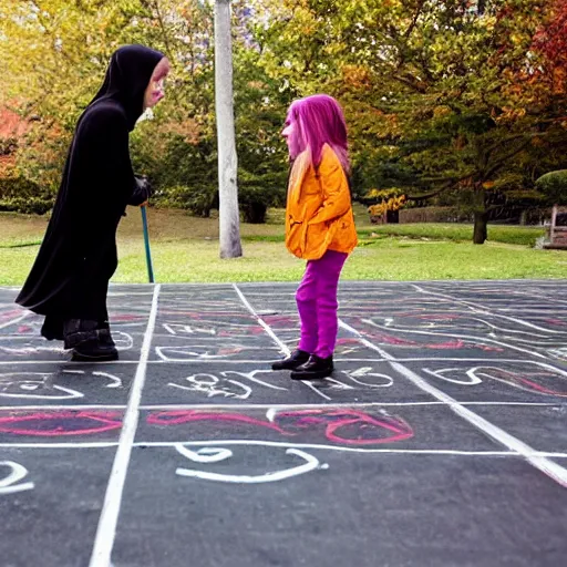 Image similar to the grim reaper losing a game of hopscotch to a little girl, photography