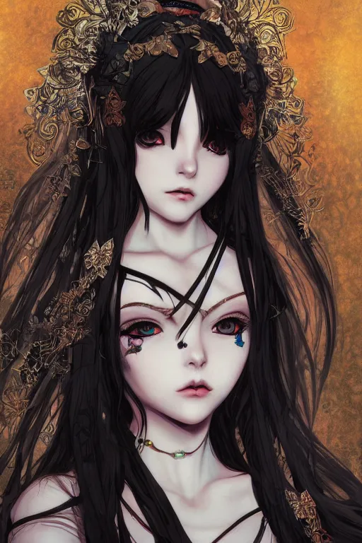 Image similar to portrait of beautiful young gothic anime maiden, cute anime face, cyberpunk, Warhammer, highly detailed, artstation, illustration, art by Gustav Klimt