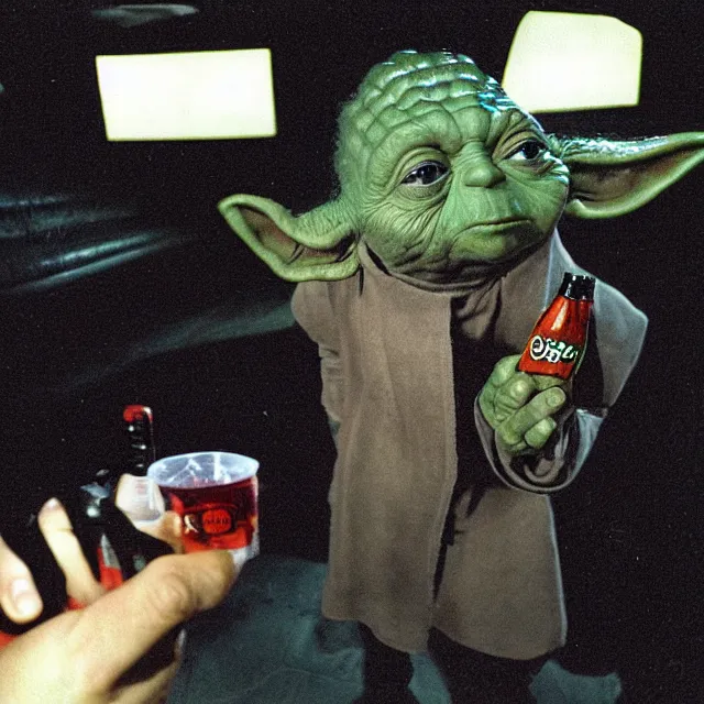 Image similar to disposable camera photo of yoda snorting a line of coke in a dark nightclub bathroom, taken with flash on