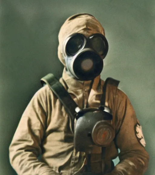 Image similar to person wearing scary gas mask, ww2 technicolor film photo, grainy, high detail, high resolution