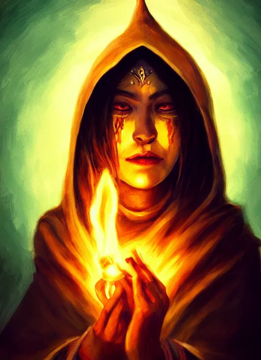 Image similar to ( a priestess with a hood that covers half her face carries an incense burner that emits a pleasantly colored flame. ) by anato finnstark, dream, full body portrait, dynamic lighting, beautiful, trending on artstation, wallpaper, 4 k, award winning, digital art, very detailed faces