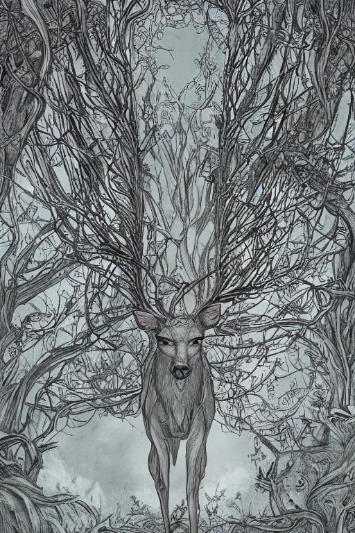 Image similar to silver deer transforming into a tree, in the style of Greg Broadmore and Arthur Rackham and Moebius,trending on artstation, light lighting side view,digital art,surrealism ,macro,blueprint ,vaporwave ,