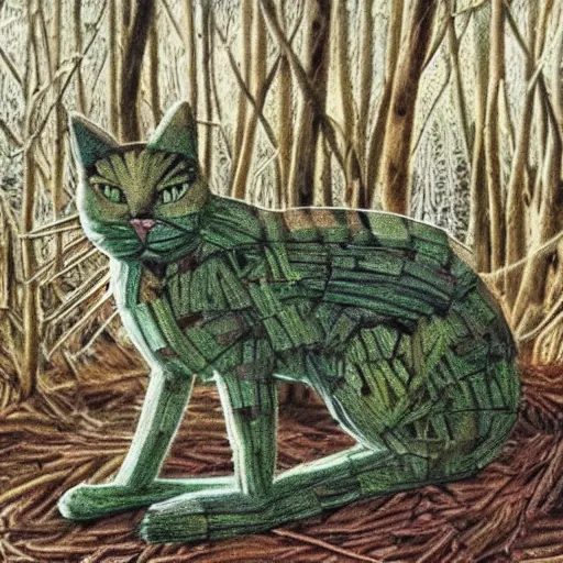 Image similar to a highly detailed cat made entirely of sticks, standing in a clearing in a forest. There is a ray of sunlight shining on it. Faded colors, calm, green feelings