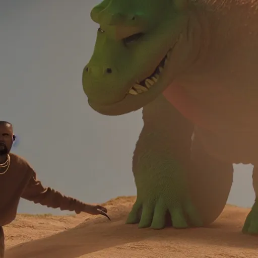 Image similar to Kanye West riding an ((aligator)), next to ((Shrek)), splash art, movie still, cinematic lighting, dramatic, octane render, long lens, shallow depth of field, bokeh, anamorphic lens flare, 8k, hyper detailed, 35mm film grain