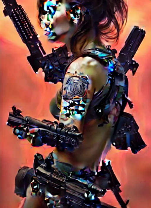 Image similar to girl covered with tattoos wearing tactical gear, intricate lights, bio luminescent, plasma, by ruan jia and artgerm and range murata and wlop and ross tran and william - adolphe bouguereau and beeple. key art. fantasy illustration. award winning, artstation, intricate details, realistic, hyperdetailed, 8 k resolution.