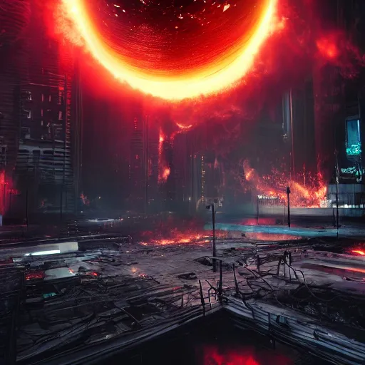 Image similar to a black hole is destroying a gothic cyberpunk City, catastrophic, fire and explosions, the feeling of dread, photorealistic, octane render, unreal engine