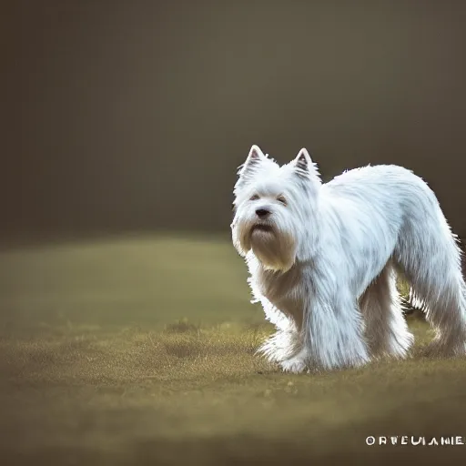 Image similar to the most beautiful west highland terrier, dramatic, depth of field, mist, particles